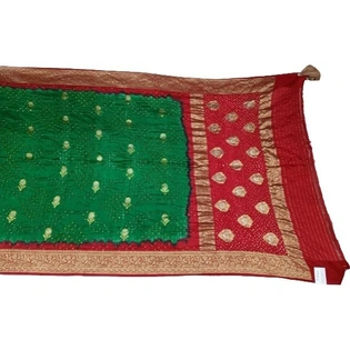 Red & Green Color Pure Silk Bandhani Saree