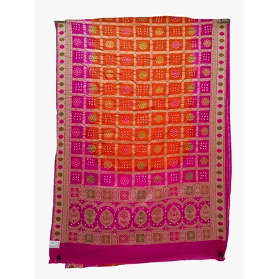 Pink & Orange Color Dupion Silk Bandhani Saree