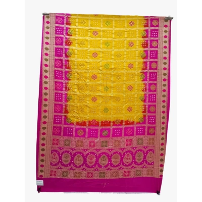 Pink & Yellow Color Dupion Silk Bandhani Saree