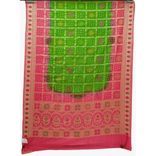 Mahendi & Peach Color Dupion Silk Bandhani Saree