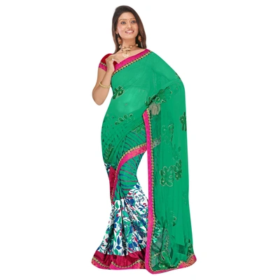 Half Half Embroidered Saree in Green 266