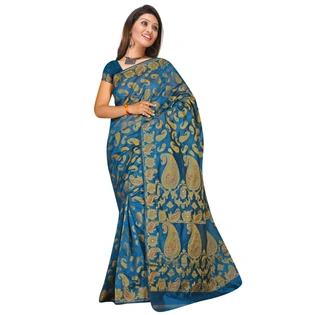 Blue Chanderi Silk Hand Embroidered Woven Saree 357