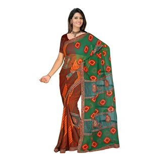 Georgette Crush Lehariya Bandhani Print Saree In Green 1344