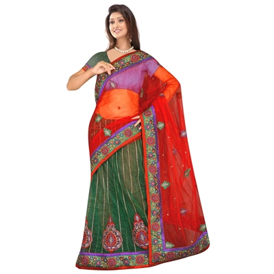 Embroidered Lehenga Saree In Maroon And Green 352