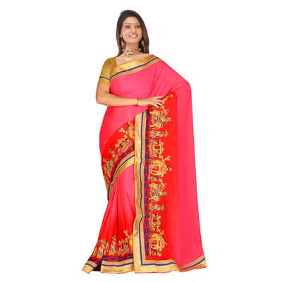 Rani To Red Crepe Shaded Embroidered Saree