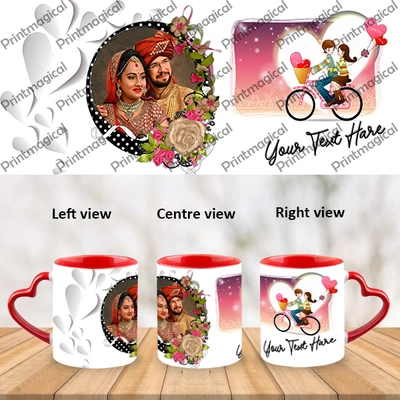 Couple Walking on Cycle Personalized Heart Handle Mugs