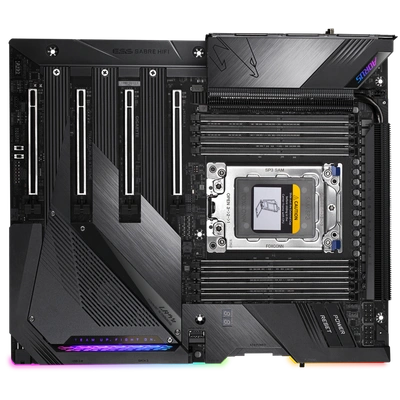 AMD TRX40 AORUS Motherboard with Direct 16+3 Phases Infineon Digital VRM, Fins-Array Heatsink, NanoCarbon Baseplate, Intel Dual 10GbE LAN, 4 PCIe 4.0 M.2 with Thermal Guards , Intel® WiFi 6 802.11ax, ESS SABRE HiFi 9218 DAC, AORUS Gen4 AIC Adaptor