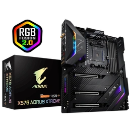 AMD X570 AORUS Motherboard with Direct 16 Phases Infineon Digital VRM, Fins-Array Heatsink, NanoCarbon Baseplate, Triple PCIe 4.0 M.2 with Thermal Guards, Intel® WiFi 6 802.11ax, ESS SABRE HiFi 9218, AQUANTIA® 10GbE LAN+1GbE LAN, RGB FAN COMMANDER, RGB Fusion 2.0