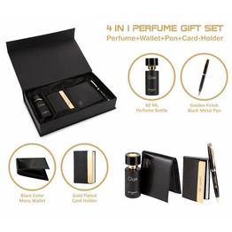 Men's 4-in-1 Combo Gift Set - Premium PU Leather Wallet, Perfume Bottle, Cardholder & Ball Pen