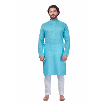 SKY BLUE LINEN COTTON KURTA PAJAMA SET