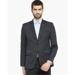 Navy blueTextured Slim Fit Single-Breasted Blazer with Notched Lapel