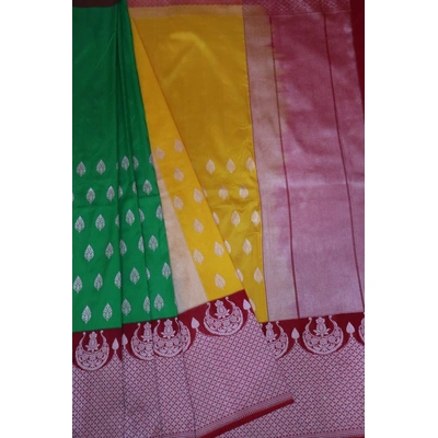 Half & Half Meena Yellow Green Contrast Border iskutt Banarasi Saree