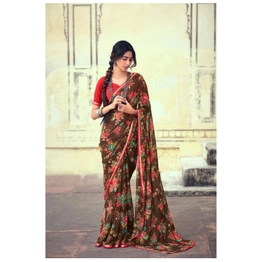 Brown Floral Print Chiffon Saree