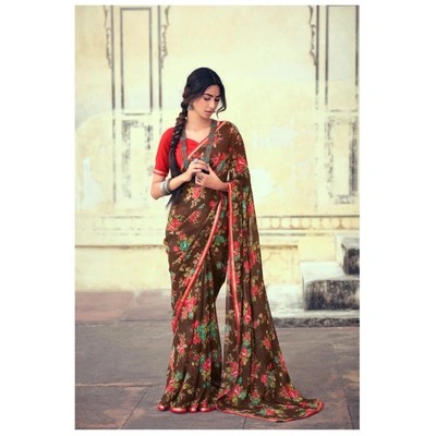 Brown Floral Print Chiffon Saree