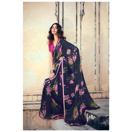 Navy Pink Floral Print Chiffon Saree