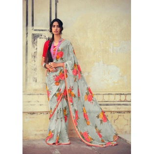 Gray Red Floral Print Chiffon Saree