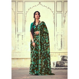 Olive Green Floral Print Chiffon Saree