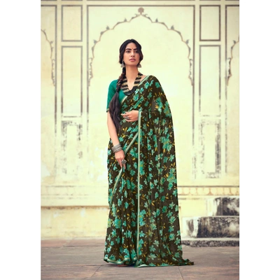 Olive Green Floral Print Chiffon Saree