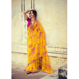 Yellow Magenta Floral Print Chiffon Saree