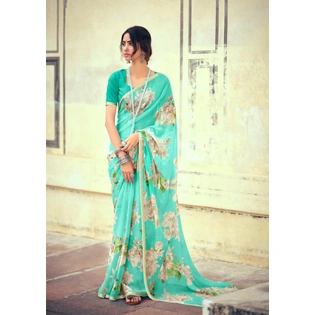 Seafoam Green Floral Print Chiffon Saree