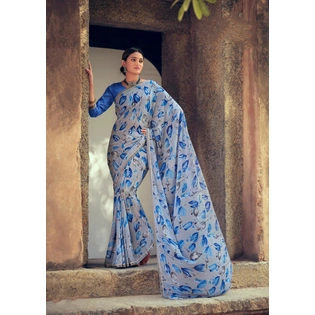 Sky Blue Floral Print Soft Georgette Saree