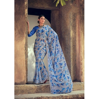 Kashvi Creation Sky Blue Floral Print Soft Georgette Saree