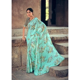 Seafoam Green Floral Print Soft Georgette Saree