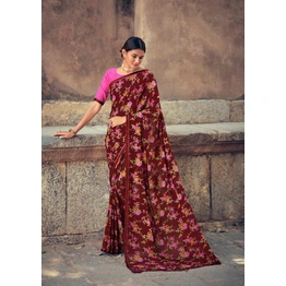 Brown Floral Print Soft Georgette Saree