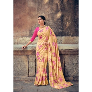 Yellow Floral Print Soft Georgette Saree