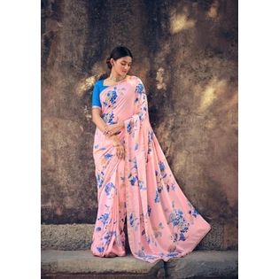 Pink Floral Print Soft Georgette Saree