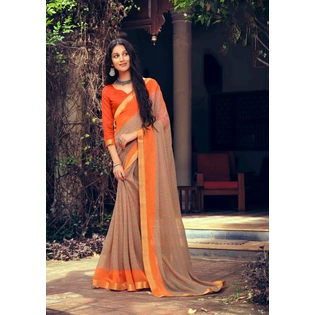 Orange Colour Floral Print Chiffon Saree