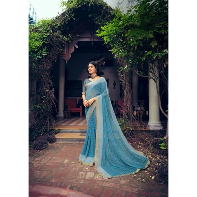 Sky Blue Colour Floral Print Chiffon Saree