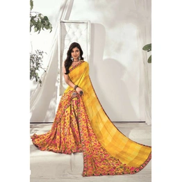 Yellow Pink Floral Print Soft Weightless Saree