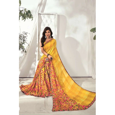 Yellow Pink Floral Print Soft Weightless Saree