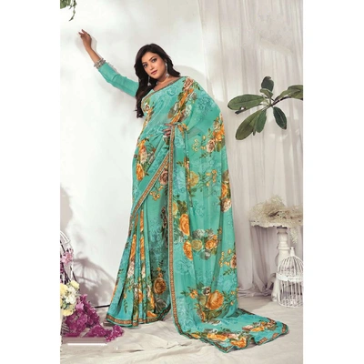 Green Colour Floral Print Soft Weightless Saree