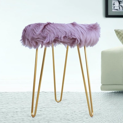 Lilac Fur Metal Stool- Gold Legs