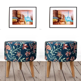 Blue Red Printed Wooden Foot Stool-(Set of 2)