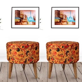 Yellow Printed Wooden Foot Stool-(Set of 2)