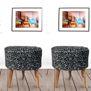 Black White Fur Wooden Sitting Stool-(Set of 2)