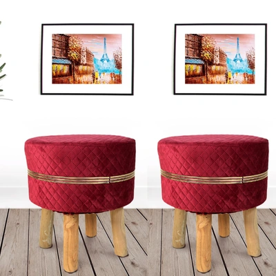 Red Strip Wooden Stool for Living Room (Set of 2)