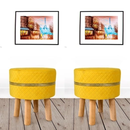 Yellow Strip Wooden Sitting Foot Stool for Living Room (Set of 2)