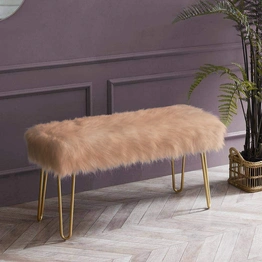 Beige Faux Fur Bench- Metal