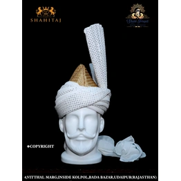 S H A H I T A J Kulla Muslim Weddings and Social Occasions White Brocade Pagdi Safa or Turban for Kids and Adults (RT953)