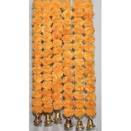 SPHINX Artificial Marigold Fluffy Flowers and Golden/Silver Hanging Bells Garlands/Torans/Wall hangings for Decoration Approx 2.5 ft- Pack of 6 Strings (L.O.)