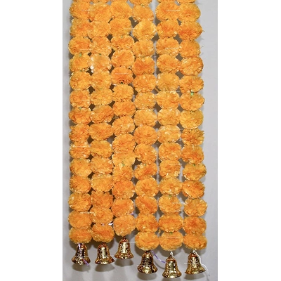 SPHINX Artificial Marigold Fluffy Flowers and Golden/Silver Hanging Bells Garlands/Torans/Wall hangings for Decoration Approx 2.5 ft- Pack of 6 Strings (L.O.)