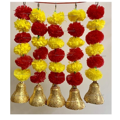 SPHINX Artificial Marigold Fluffy Flowers and Golden/Silver Hanging Bells Short Garlands/Torans/Wall hangings/Latkans for Decoration Approx 1.2 ft- Pack of 5 Strings (Yellow & Red)