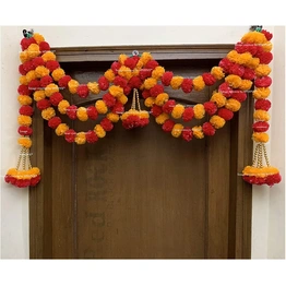 Sphinx Artificial Marigold Fluffy Flower Garlands Triple Loop Door Toran Set/Door Hangings for Decoration (Approx. 100 X 60 cms)- (Light Orange & Red)