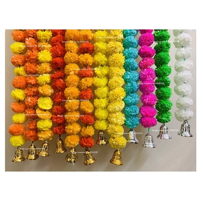 SPHINX Artificial Marigold Flowers And Hanging Bells Torans/Wall Hanging (Mixed Colours, 10 Pieces)