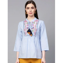 Bhama Couture Women Blue Embroidered Cotton A-Line Top