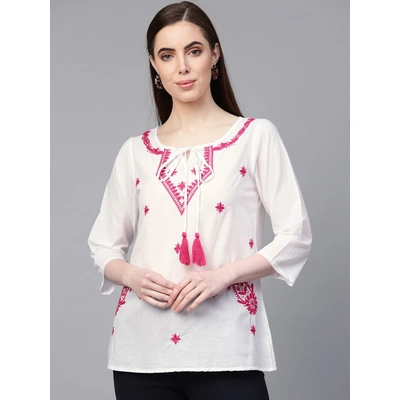 Bhama Couture Women White & Pink Embroidered Top